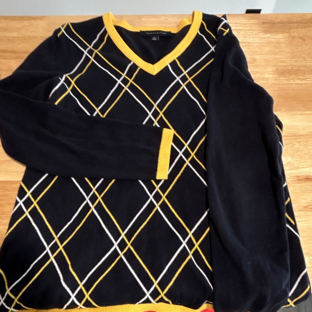 Tommy Hilfiger Men's V-Neck Argyle Pullover Cotton Knit Sweater L Black